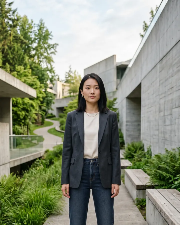 Same woman wearing high-rise dark-indigo straight-leg jeans
