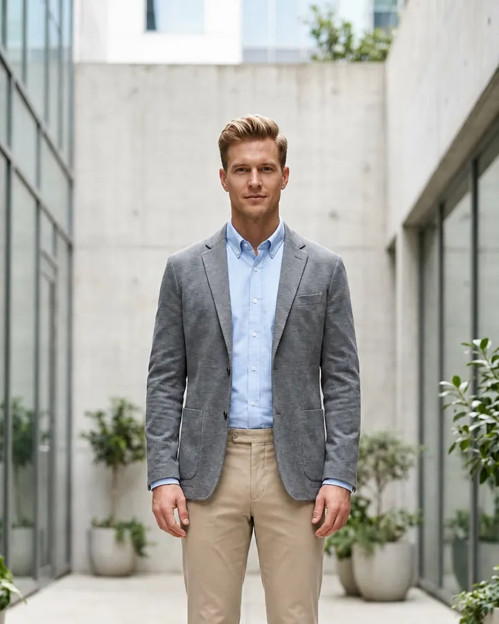 Same man wearing stone-beige straight-fit cotton chinos