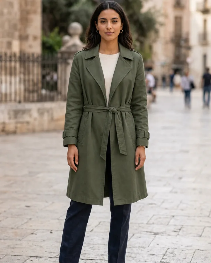 Same woman wearing a forest-green belted trench coat after AI coat try-on