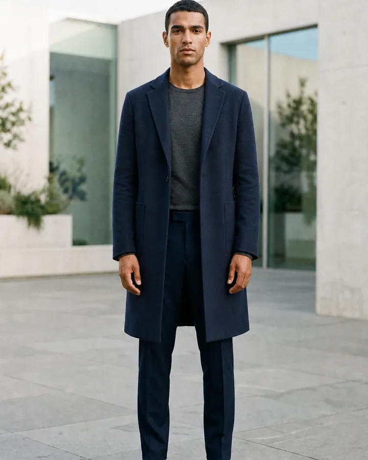 Same man wearing a knee-length navy wool overcoat after AI coat try-on