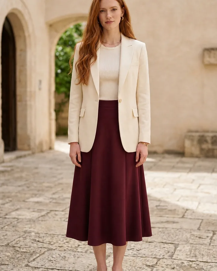 Same woman wearing a high-waisted burgundy A-line midi skirt after AI skirt try-on
