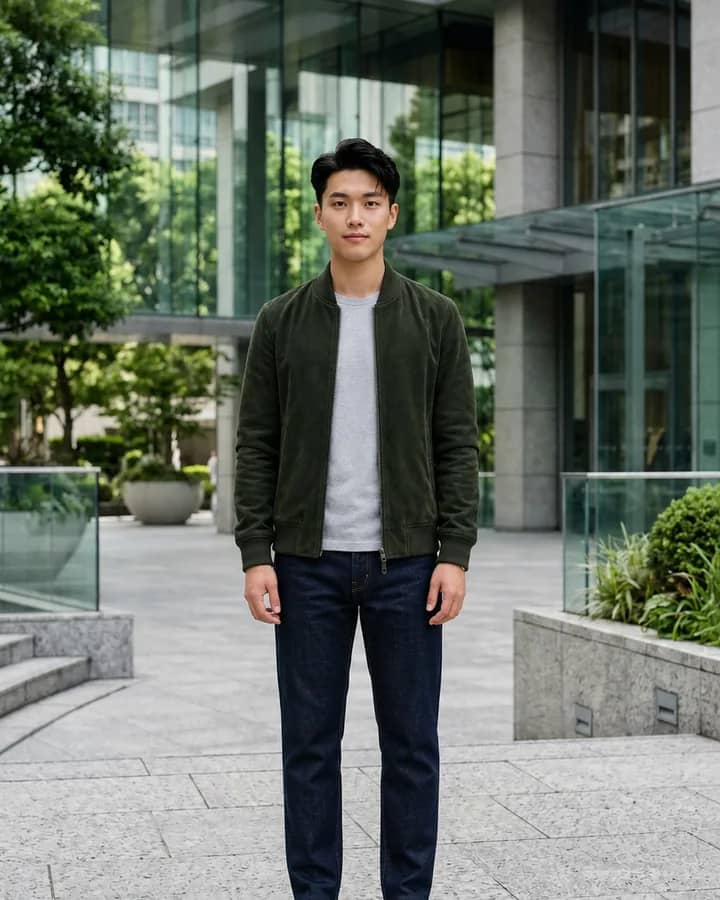 Same man wearing a green bomber jacket, gray T-shirt, dark jeans, and white sneakers after AI outfit planning