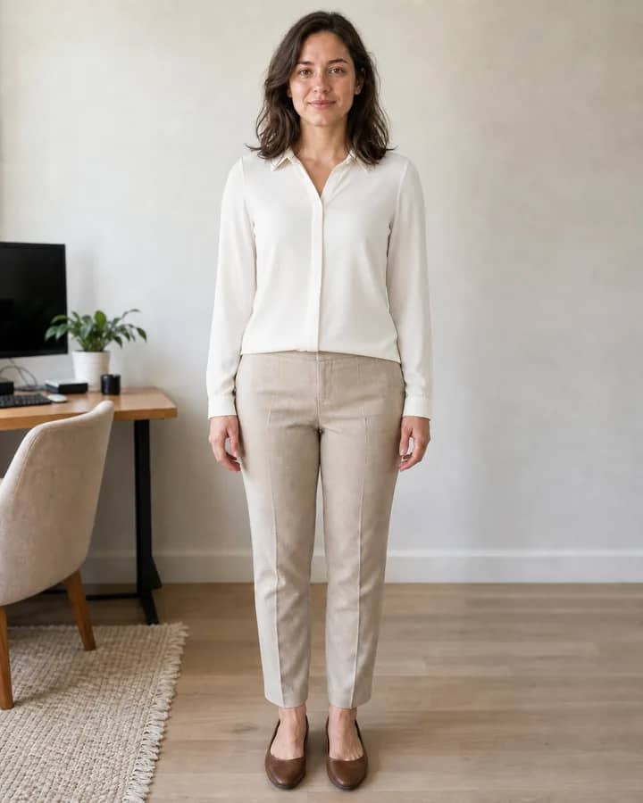 Same woman wearing an ivory collared blouse and beige trousers after AI clothes try-on
