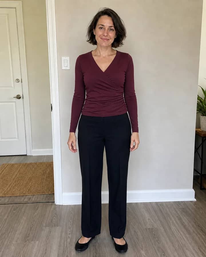 Same woman wearing a burgundy wrap-style top and dark trousers after AI clothes try-on