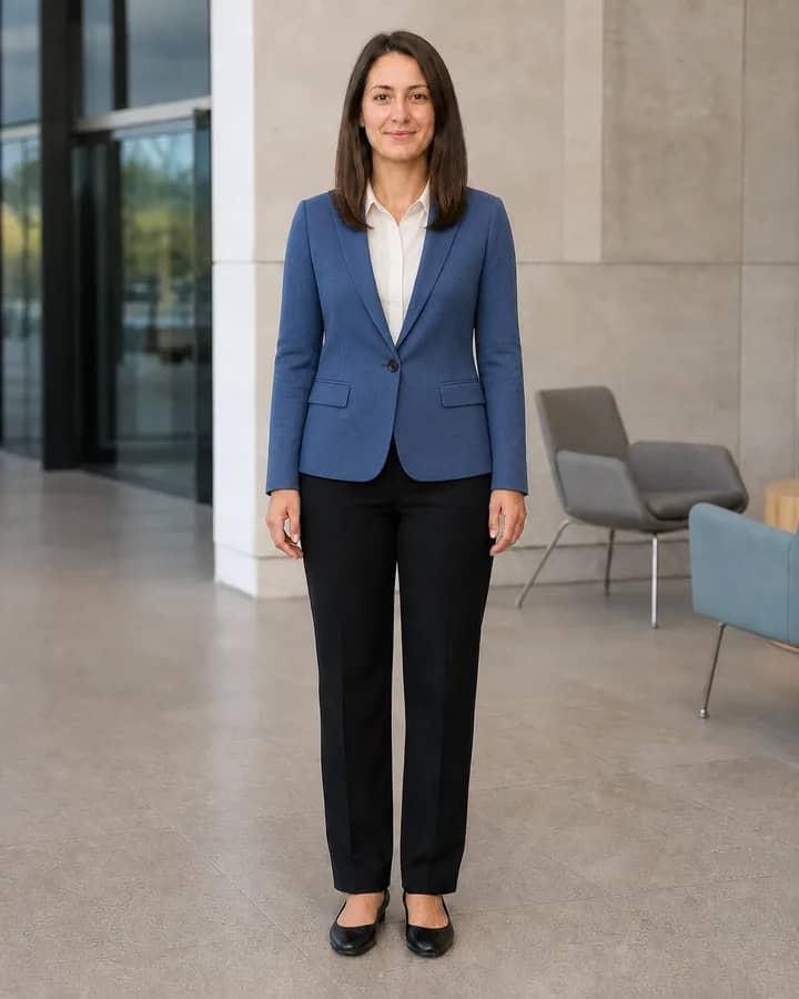 Same woman wearing a blue blazer, ivory blouse, and black trousers after an AI interview outfit preview
