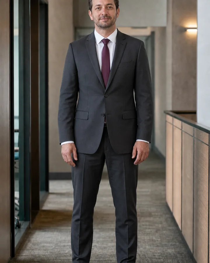 Same man wearing a charcoal suit, white shirt, and burgundy tie after an AI interview outfit preview