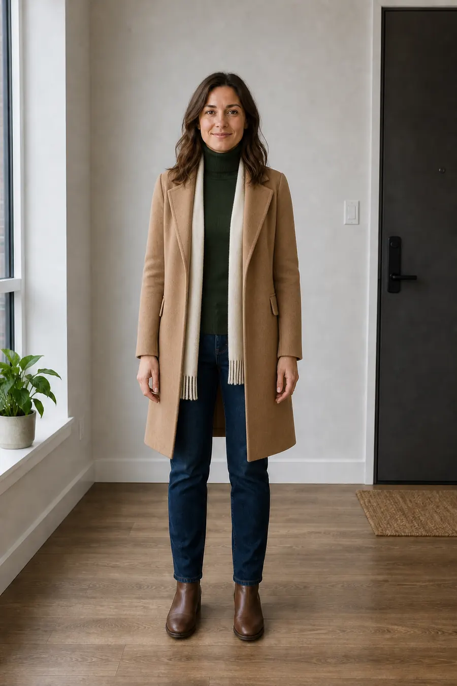 Same woman wearing a camel coat, forest-green turtleneck, cream scarf, jeans, and boots after an AI winter outfit preview