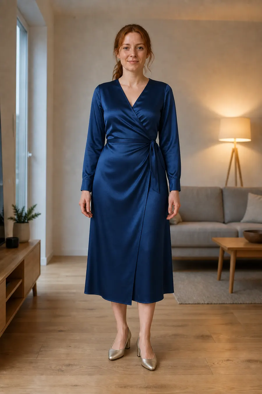 Same woman wearing a sapphire satin wrap midi dress and champagne heels after an AI birthday outfit preview
