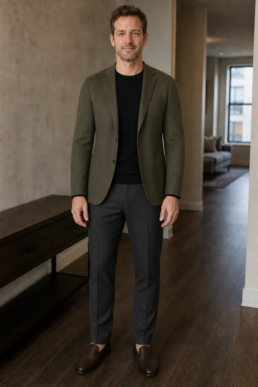 Same man wearing an olive blazer, black knit, charcoal trousers, and loafers after an AI date-night outfit preview