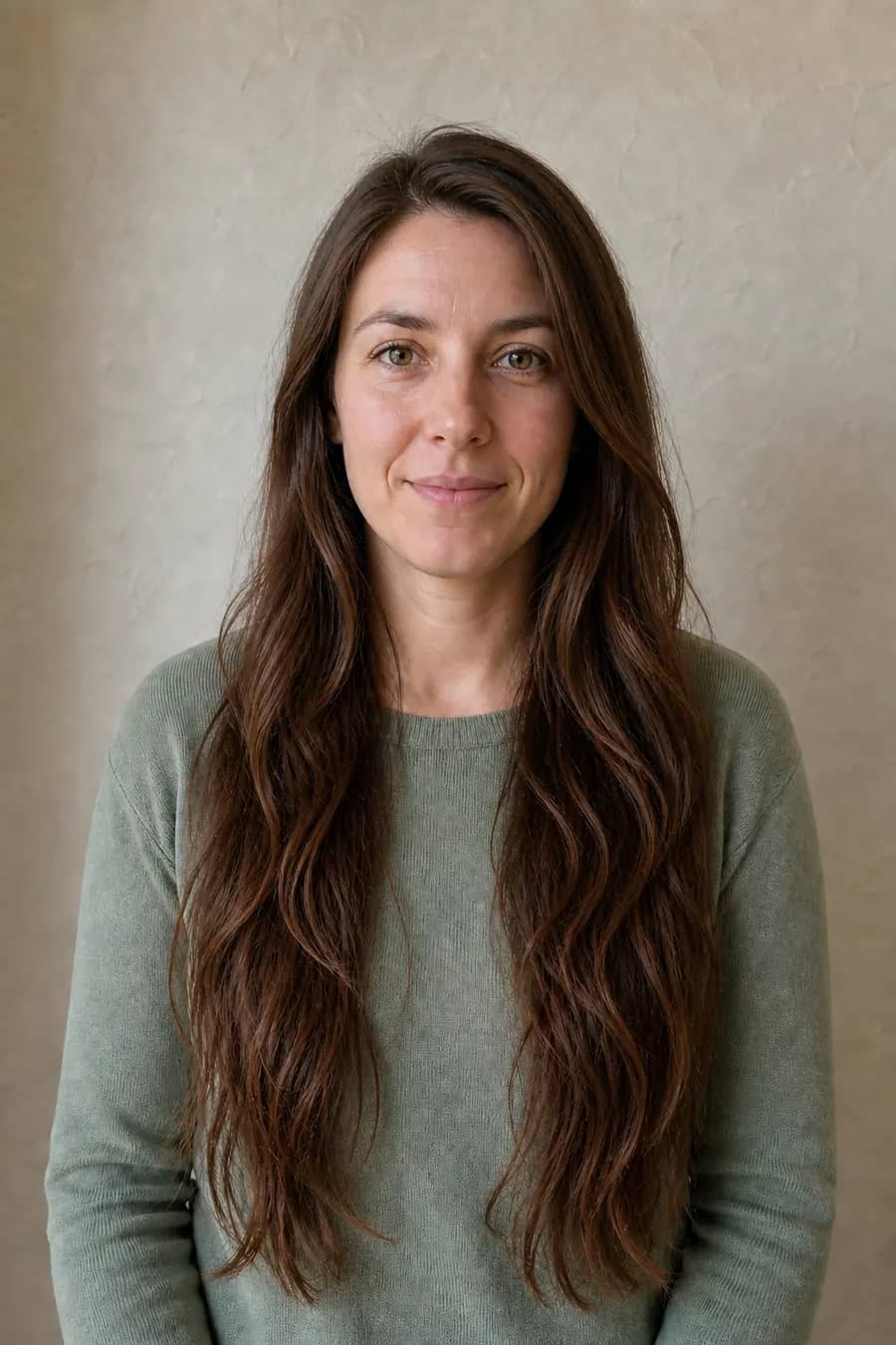 Same woman with long blended chestnut layers, face-framing pieces, and soft natural waves after an AI hairstyle preview