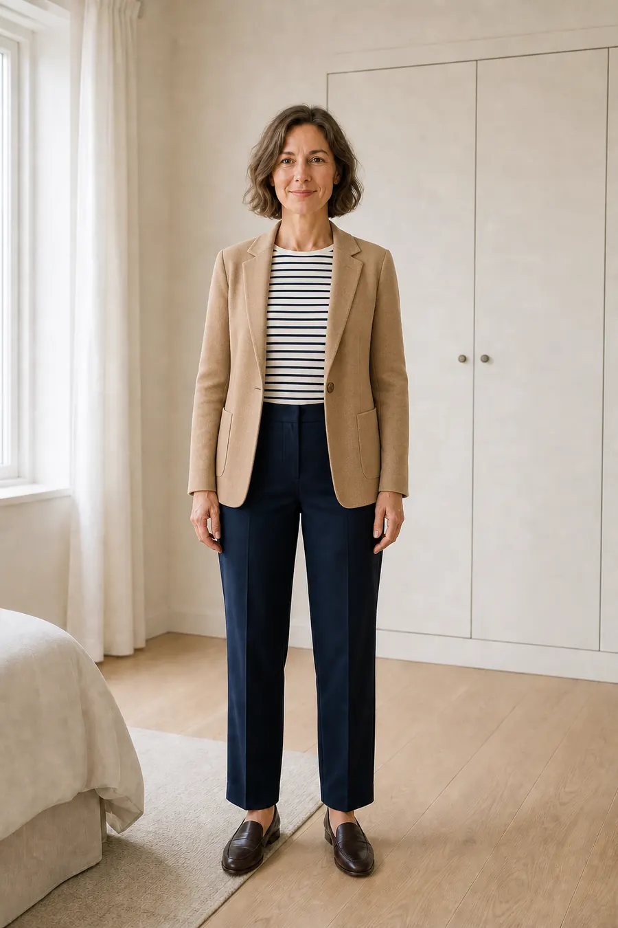 Same woman wearing a camel blazer, striped knit, navy trousers, and loafers as an AI capsule wardrobe preview