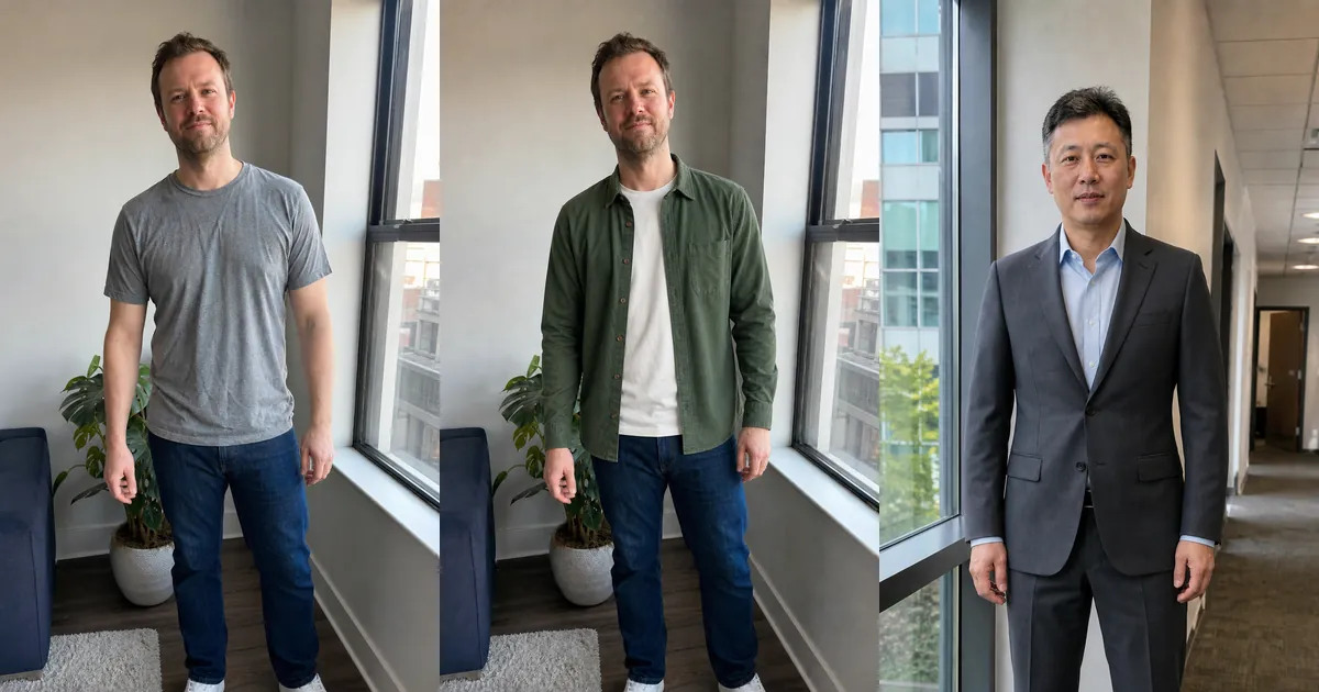 Men previewing a casual T-shirt, green overshirt, and charcoal suit with AI virtual try-on