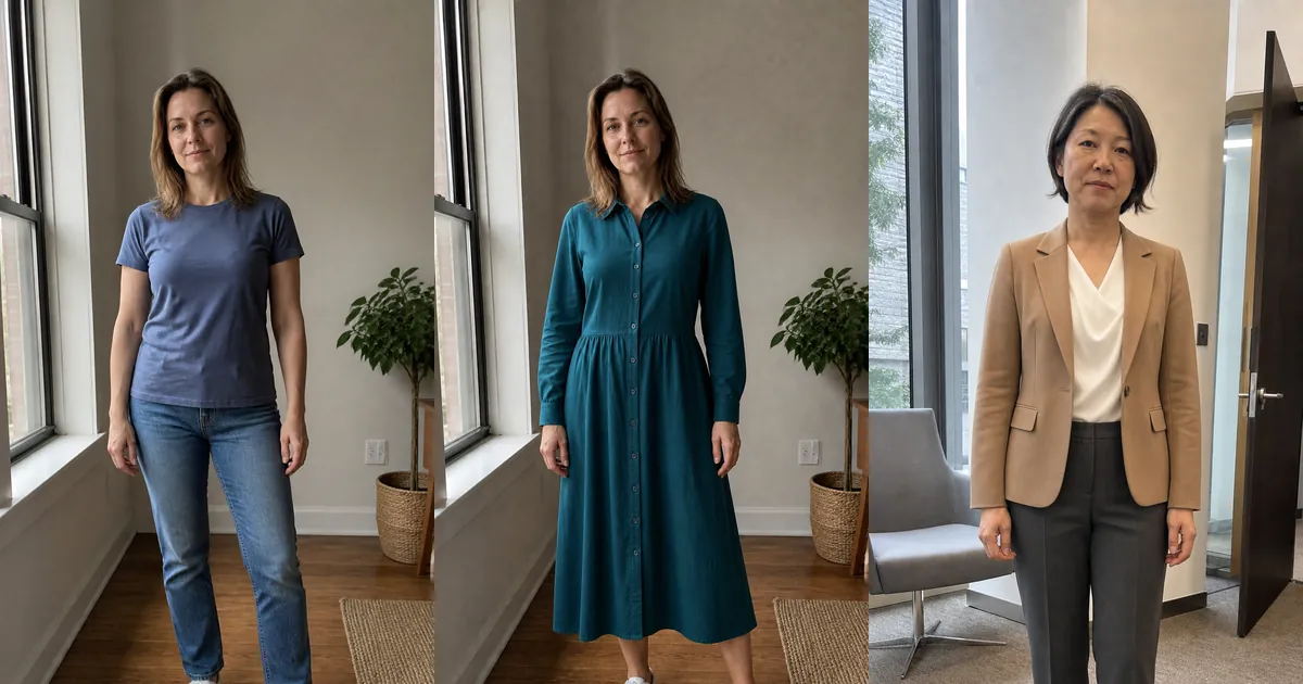 Women previewing a casual outfit, teal midi dress, and camel-blazer workwear with AI virtual try-on