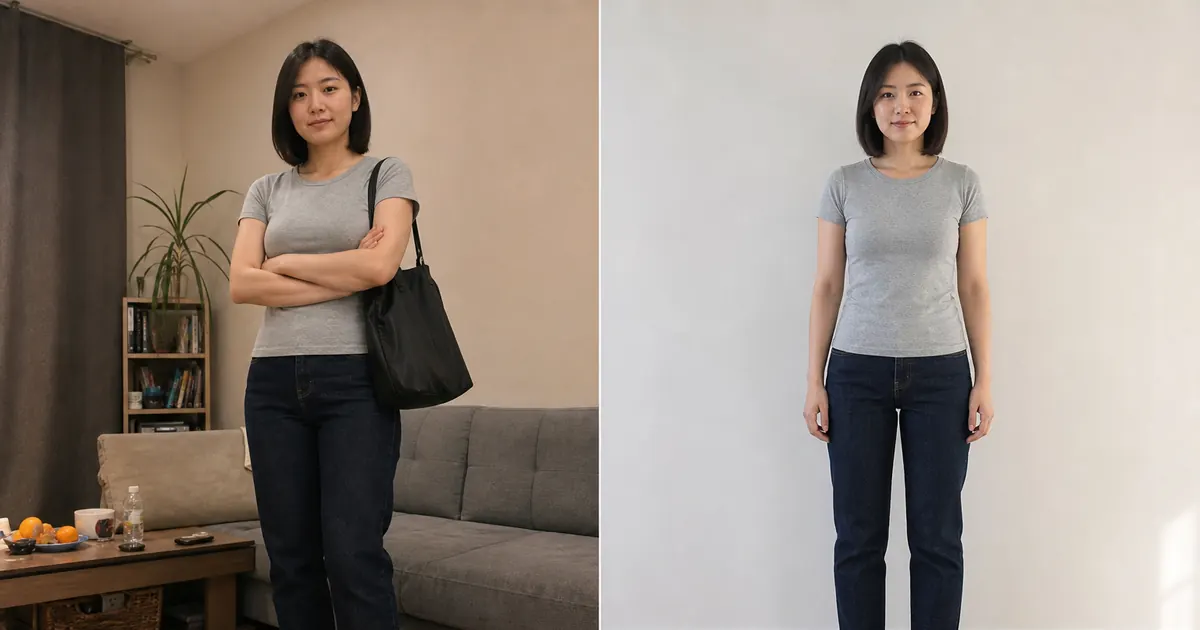 East Asian woman comparing an obstructed dim photo with a clear front-facing photo for AI clothes try-on