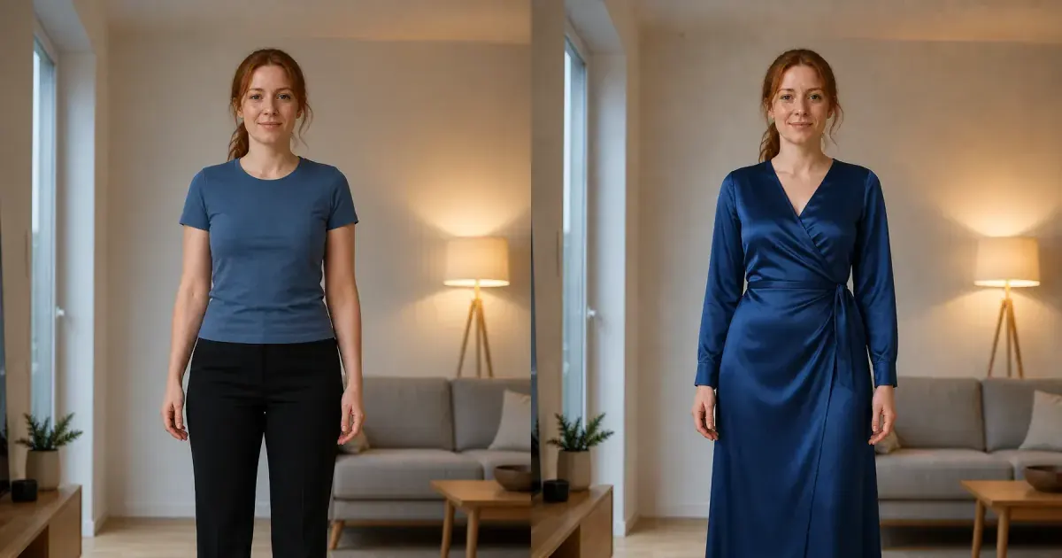 Woman comparing everyday separates with a sapphire satin wrap dress for a birthday dinner
