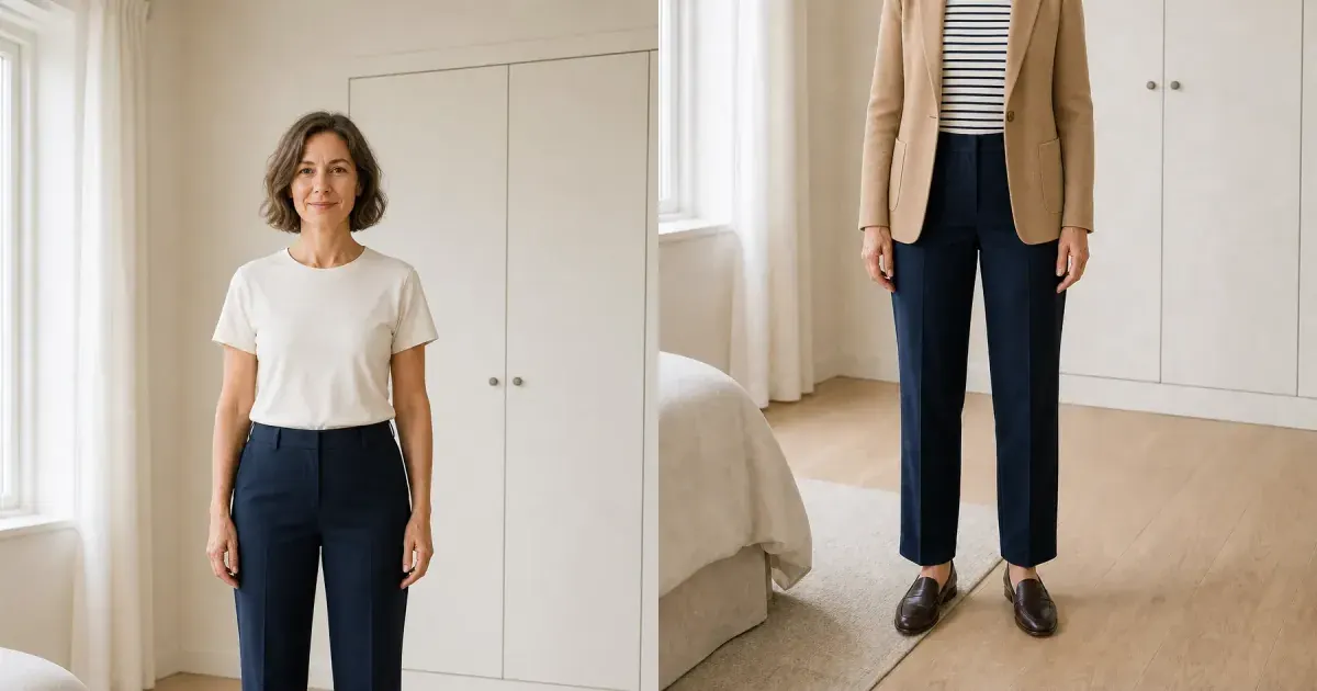 Woman turning an ivory top and navy trousers into a capsule outfit with a striped knit and camel blazer