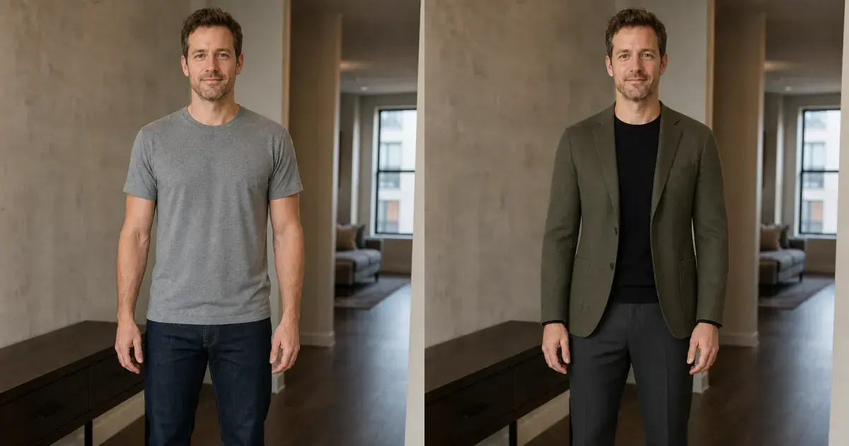 Man comparing a gray T-shirt and jeans with an olive blazer outfit for a dinner date