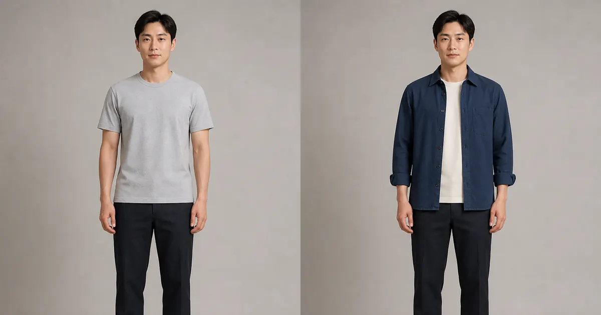 East Asian man comparing a gray T-shirt with a navy overshirt in an AI virtual try-on accuracy test