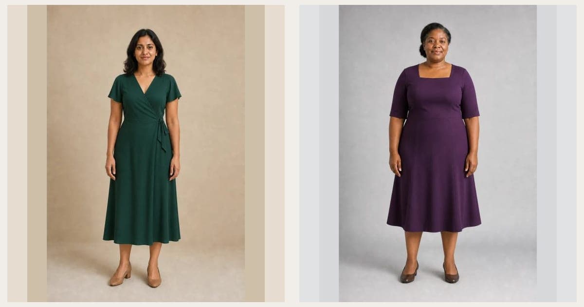 Two women previewing emerald and plum midi dresses with AI