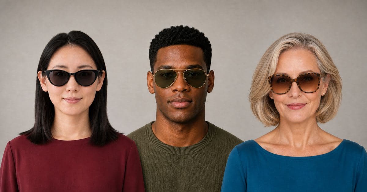 Three adults previewing cat-eye, aviator, and oversized sunglasses online