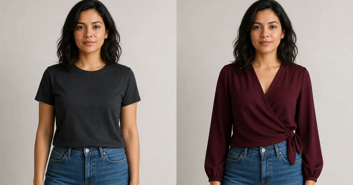 Woman comparing a charcoal T-shirt and burgundy wrap blouse with an AI virtual shirt try-on