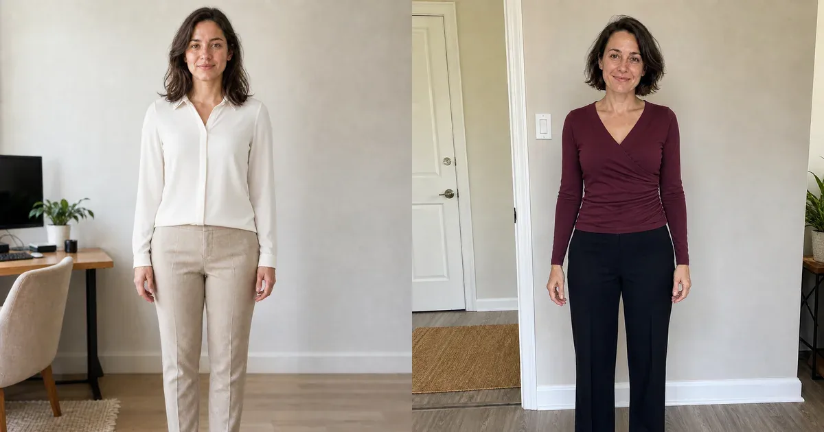 Women wearing an ivory blouse and burgundy wrap top in original AI virtual clothing previews