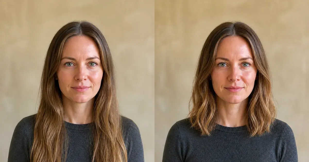 Woman comparing long hair with a collarbone-length layered lob in an AI haircut preview