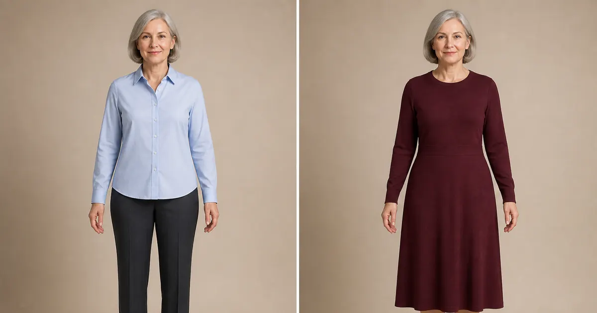 Mature white woman comparing a blue shirt outfit with a burgundy dress in a visual virtual try-on