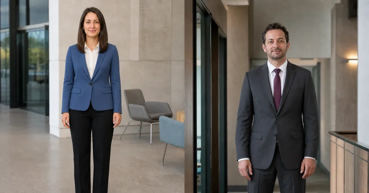 Woman in a blue blazer and man in a charcoal suit shown in original AI job interview outfit previews
