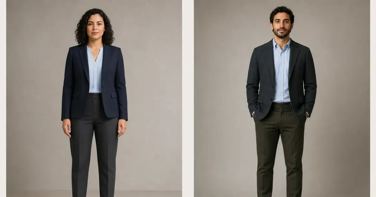 Woman and man comparing professional navy and charcoal work outfits with AI