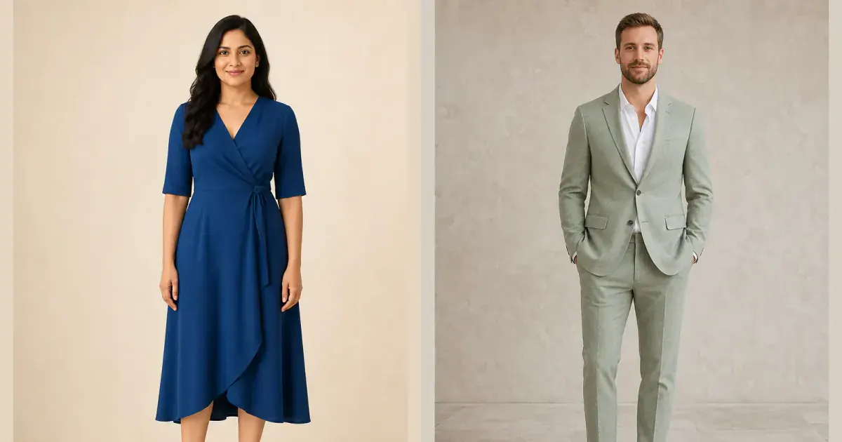 Woman and man previewing a sapphire dress and light-sage suit for wedding guest outfits