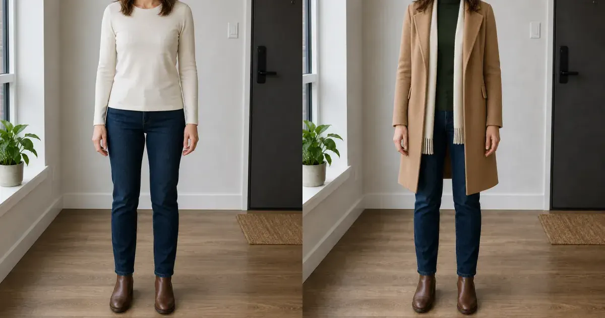 Woman comparing a simple outfit with a camel coat, green turtleneck, and scarf for winter