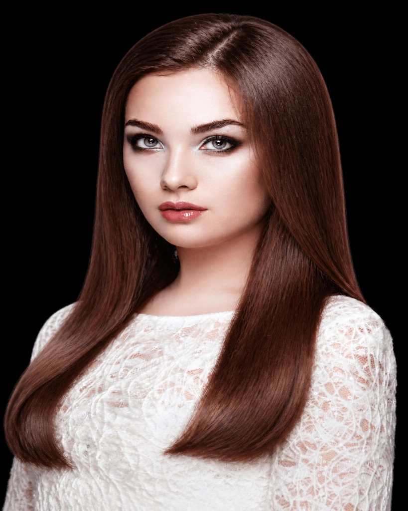 Straight auburn to voluminous curls — before AI try-on