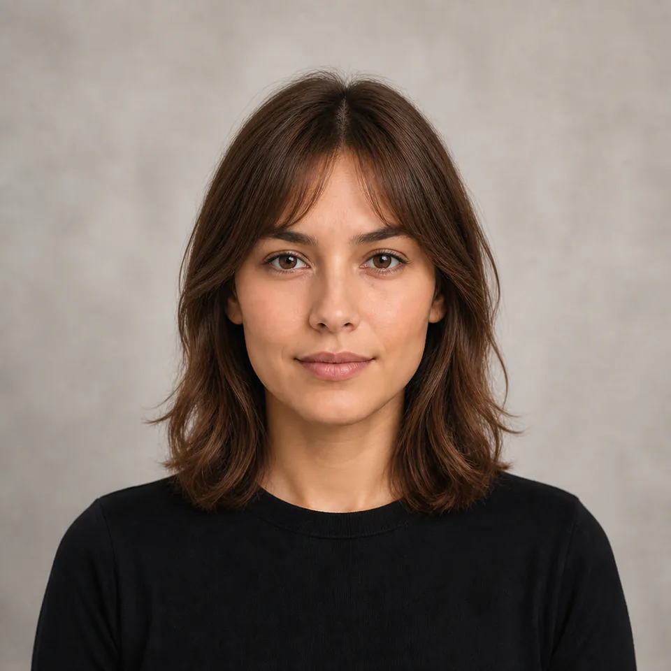 Same woman with layered auburn waves and curtain bangs after AI hairstyle try-on