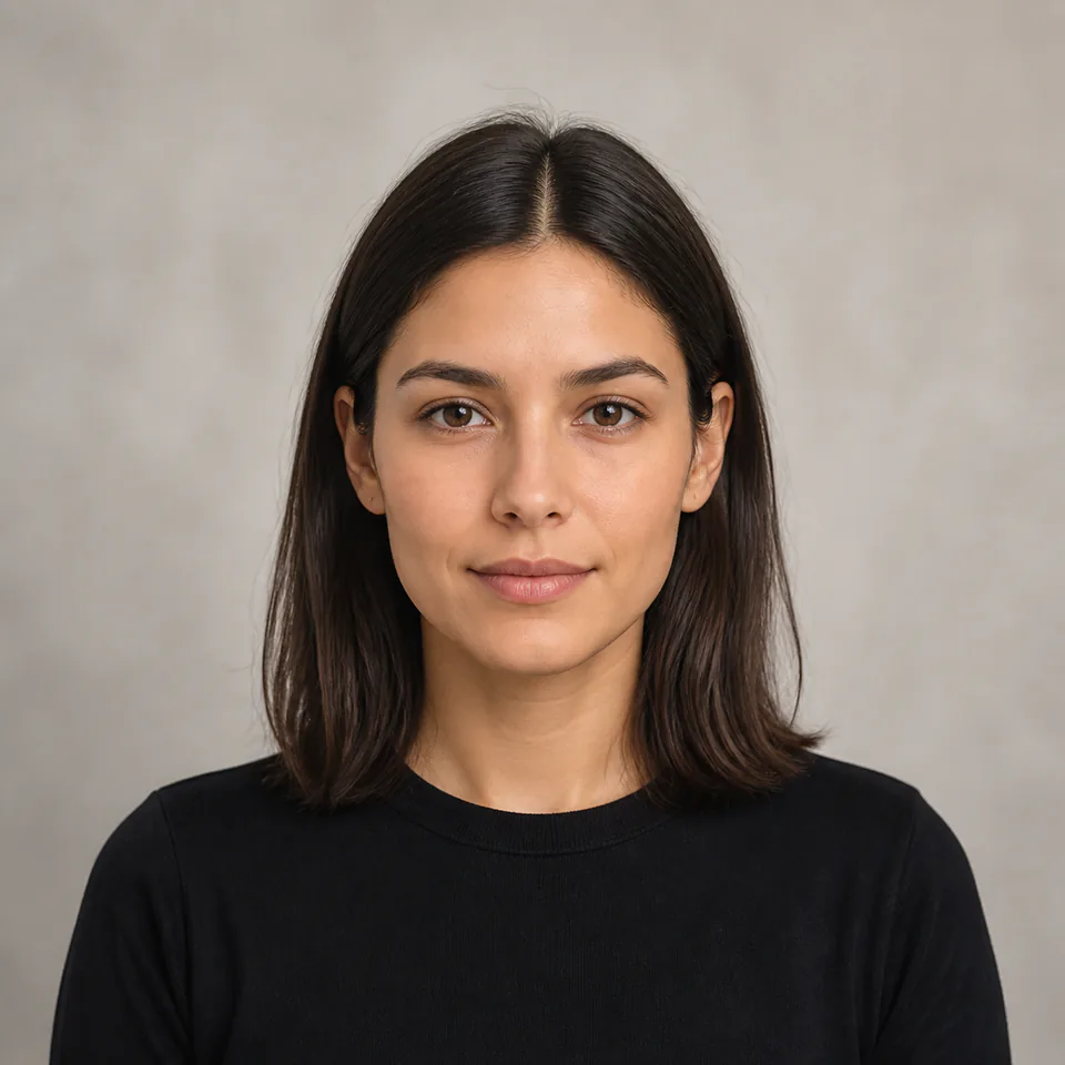 Woman with straight dark-brown shoulder-length hair before virtual hairstyle try-on