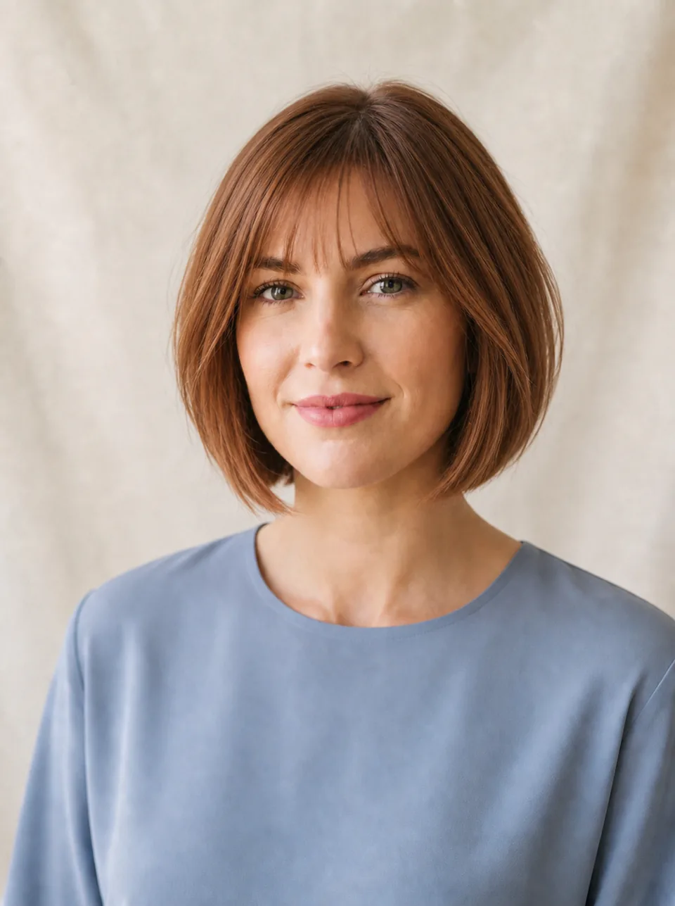 Same woman with a chin-length copper bob and wispy bangs after AI hairstyle try-on