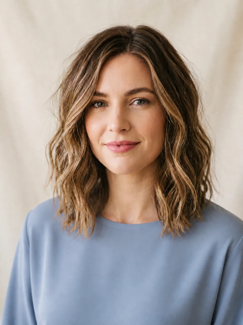 Woman with highlighted shoulder-length waves before virtual hairstyle change