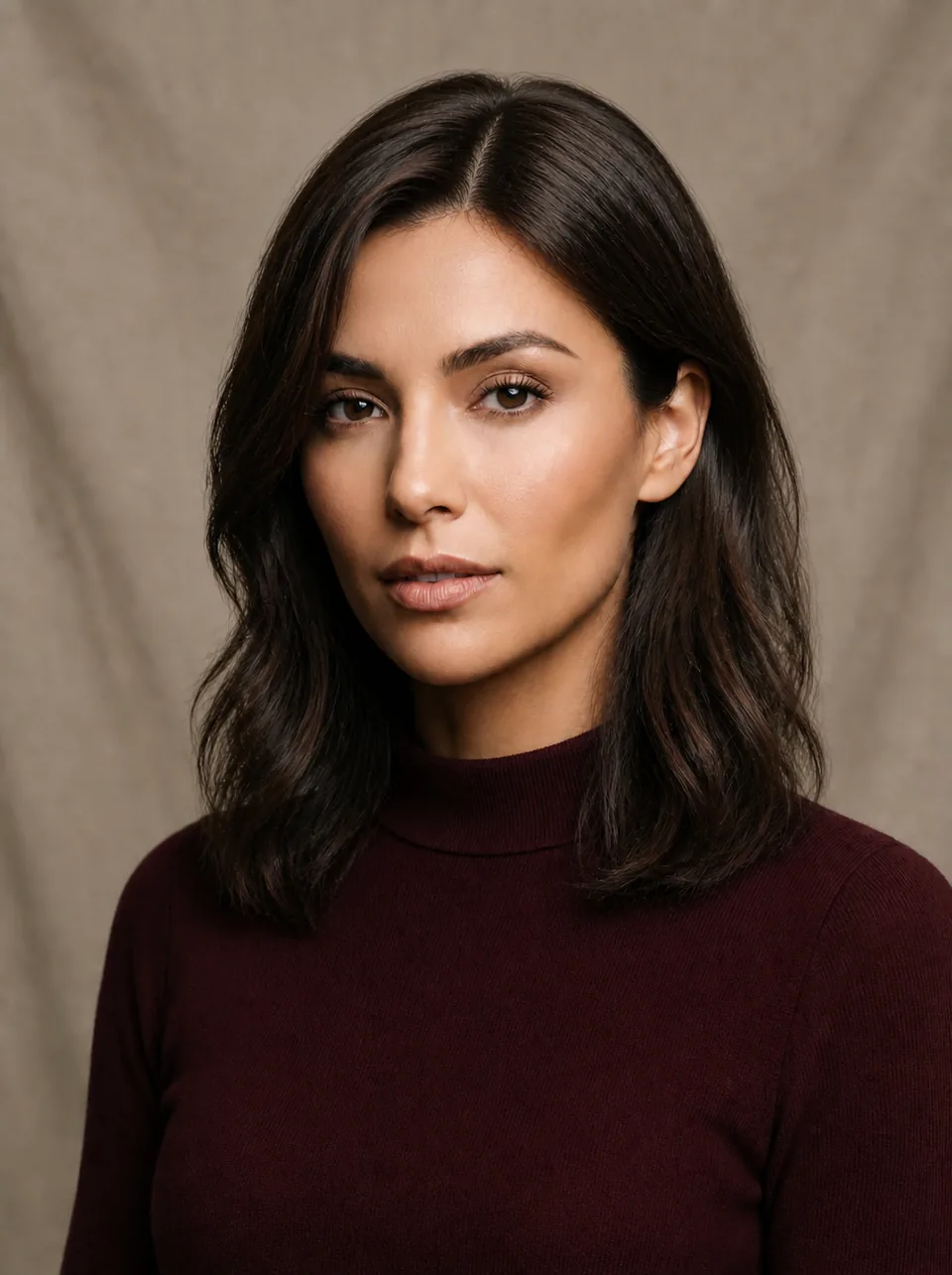 Same woman with shoulder-length dark-brown waves after AI hairstyle try-on