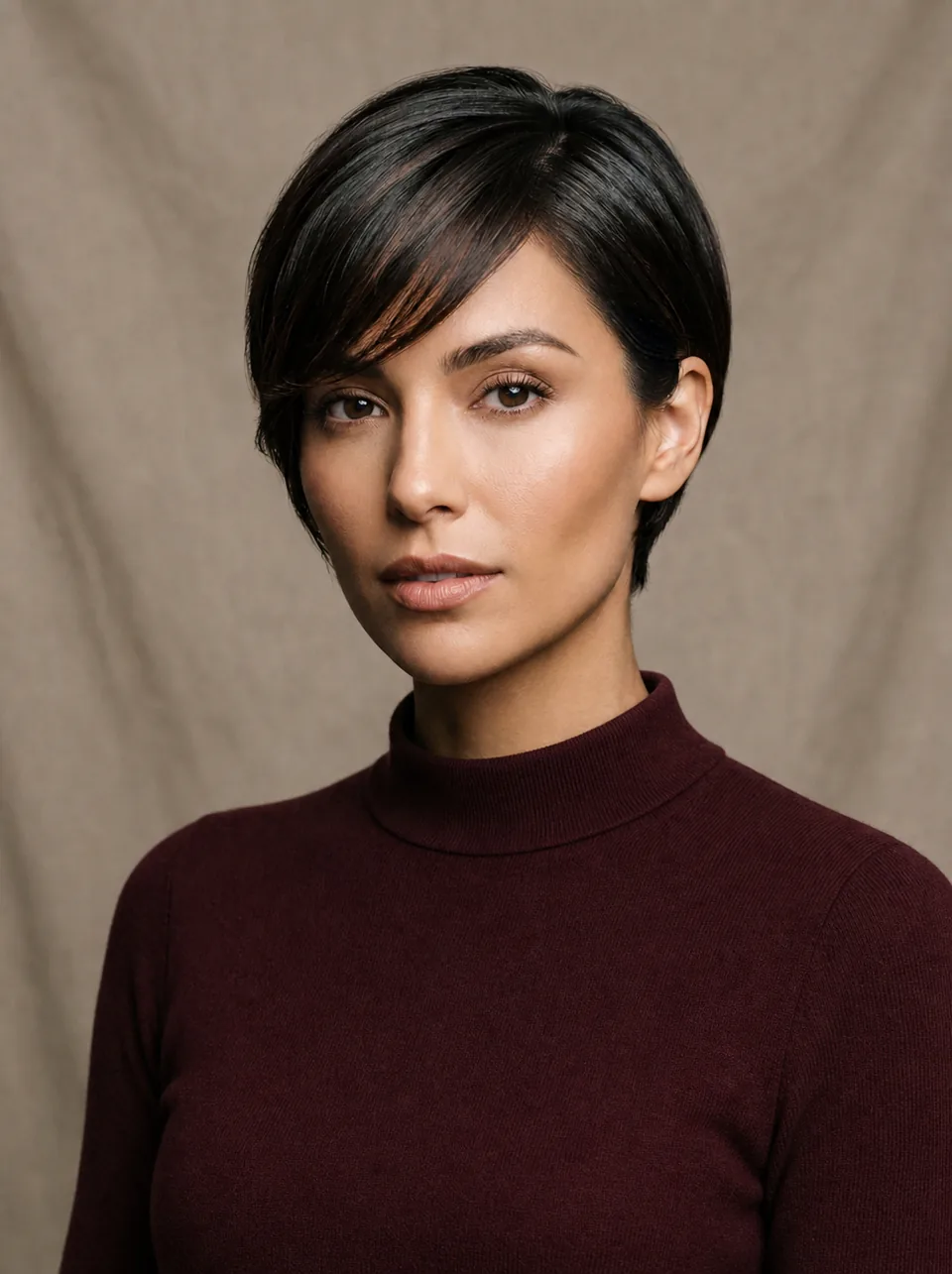 Woman with a short black pixie cut before virtual hairstyle change