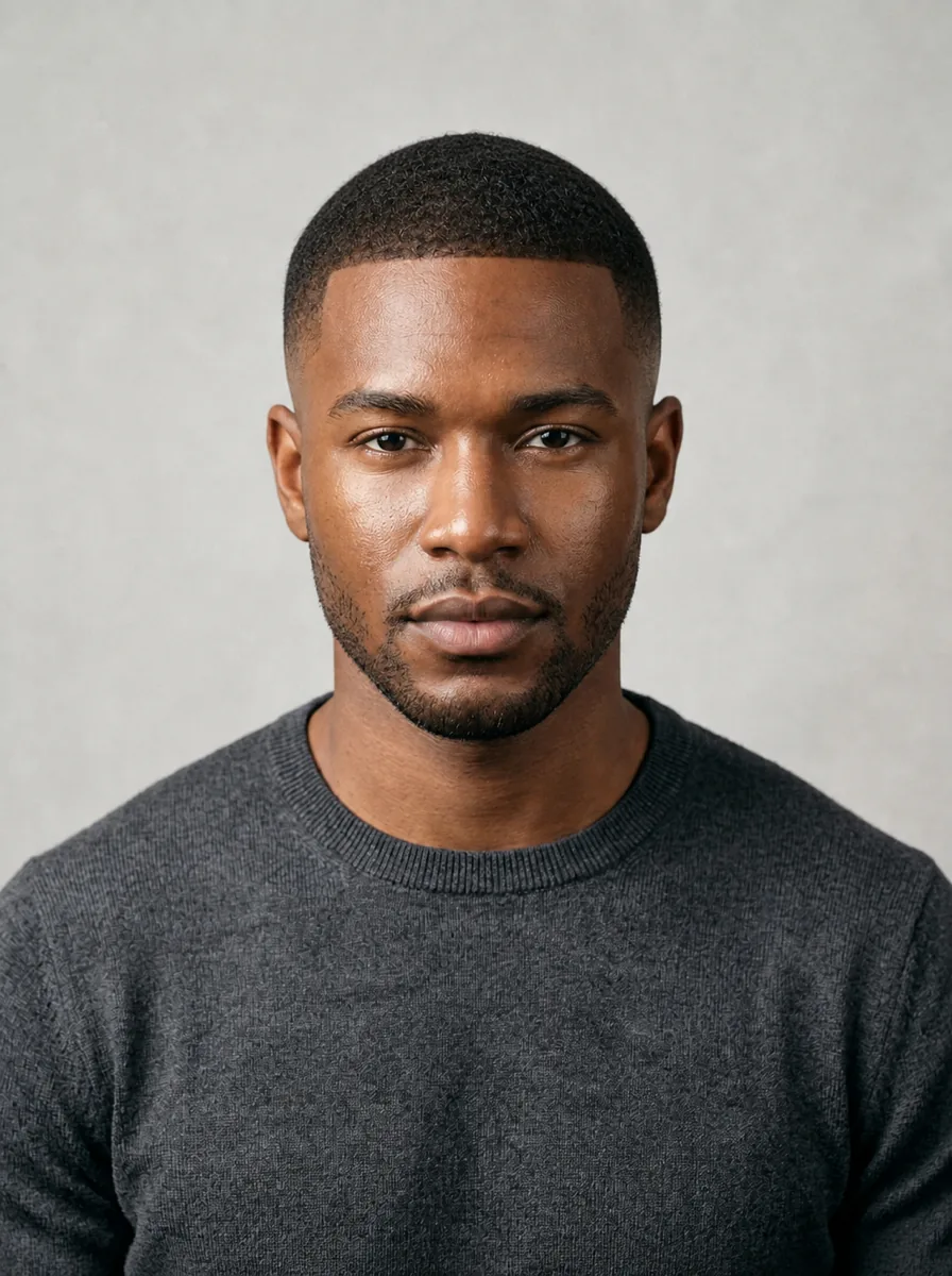 Same man with a close buzz cut and low fade after AI hairstyle try-on