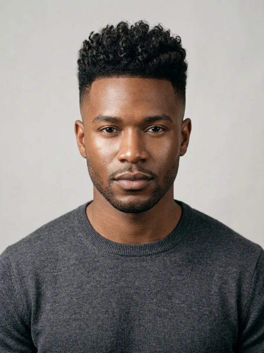Man with tall defined curls before virtual men's hairstyle try-on