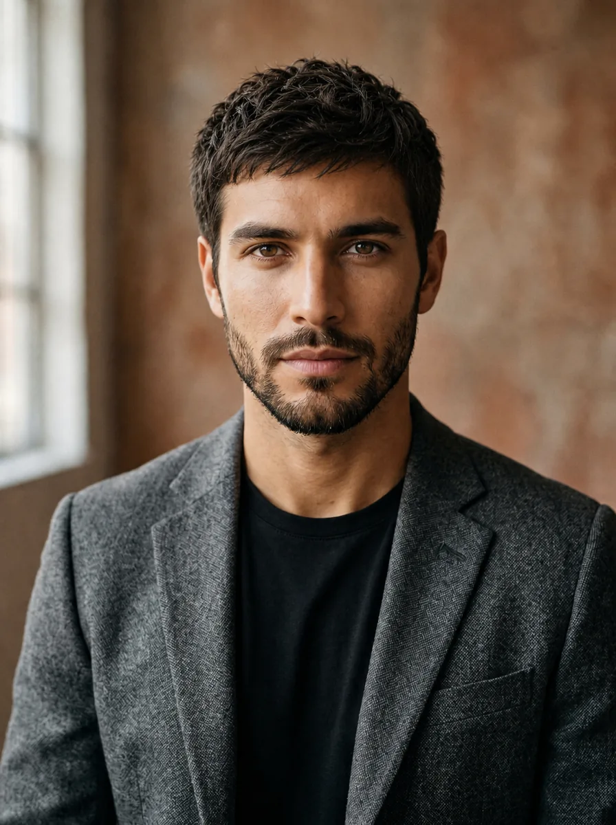 Same man with a short textured crop and forward fringe after AI hairstyle try-on