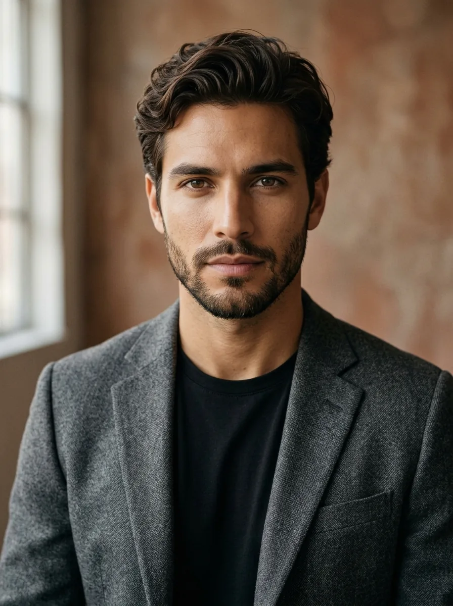 Man with medium swept-back wavy hair before virtual hairstyle change
