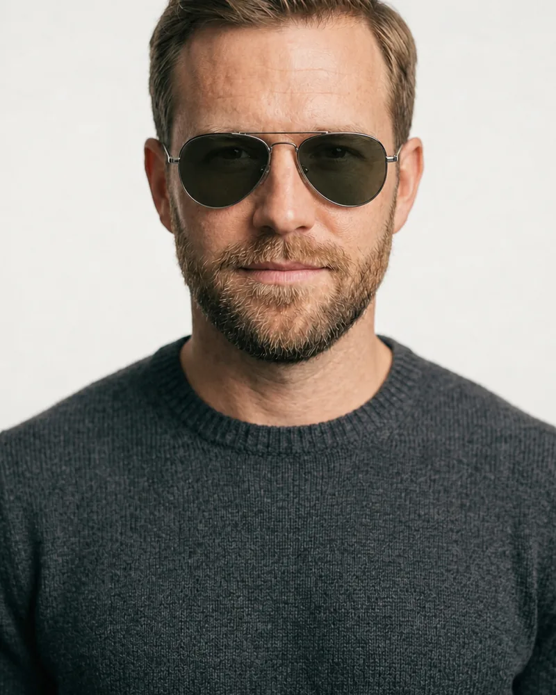 Same man wearing thin gunmetal aviator sunglasses with smoke-green lenses