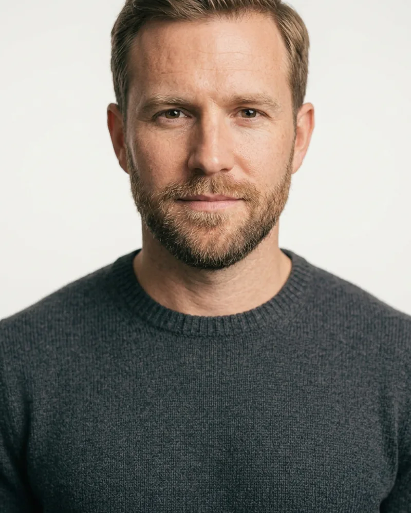 Man with short light-brown hair before virtual sunglasses try-on