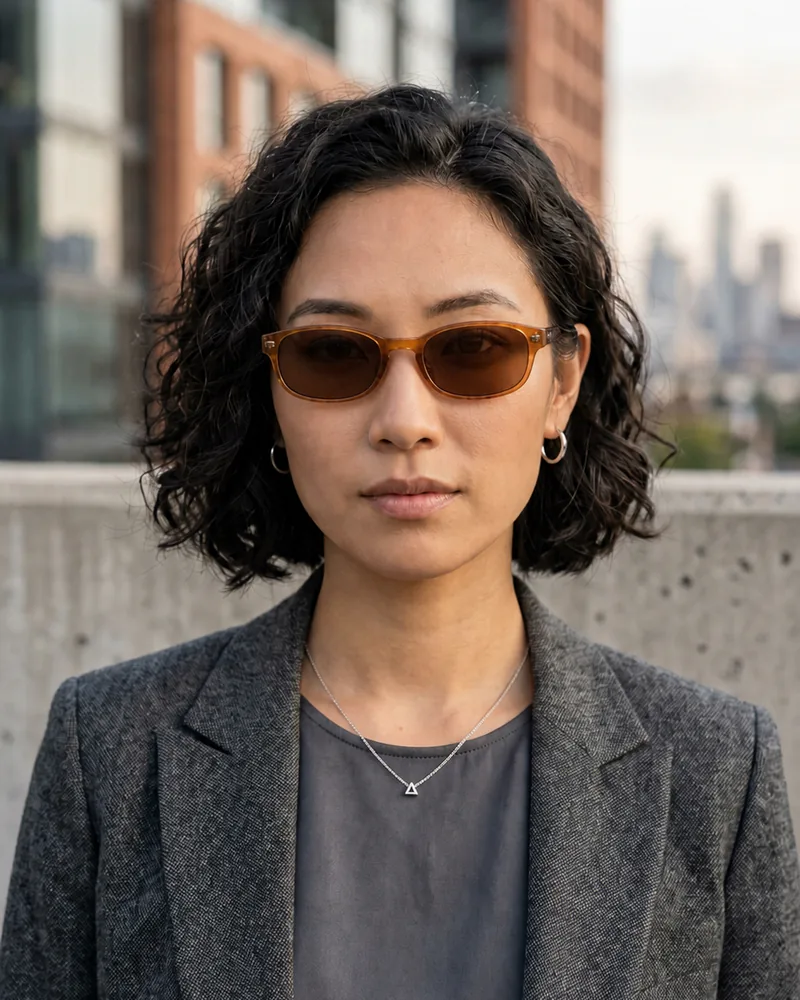 Same woman wearing slim amber rectangular sunglasses with brown lenses