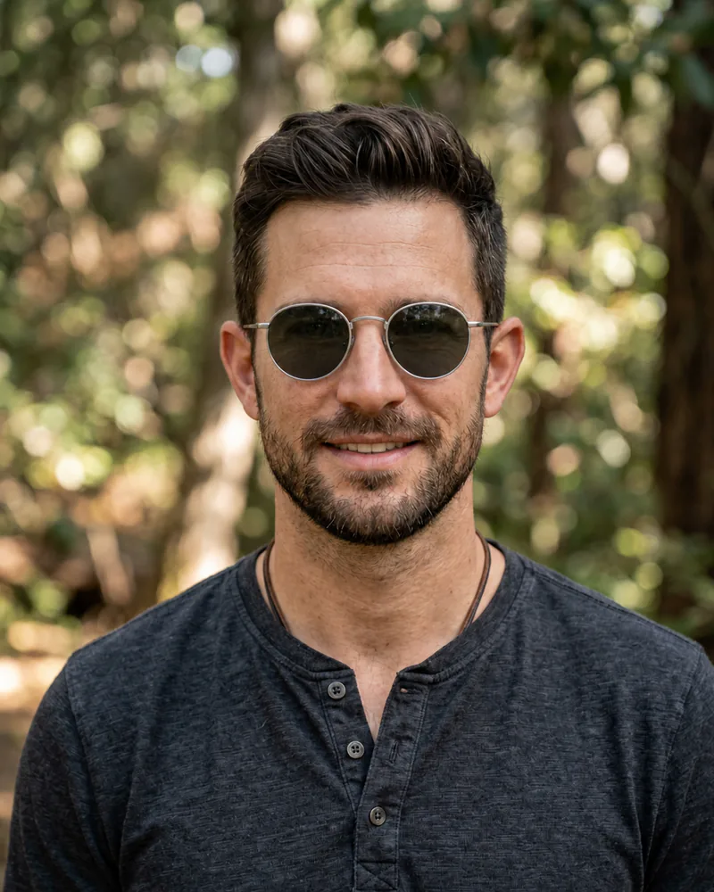 Same man wearing round silver metal sunglasses with green-gray lenses