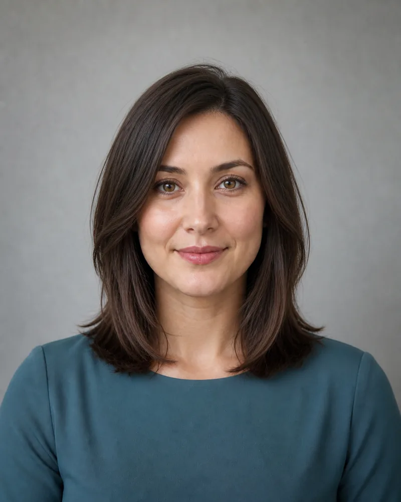 Same woman with an off-center layered collarbone lob after AI hairstyle try-on