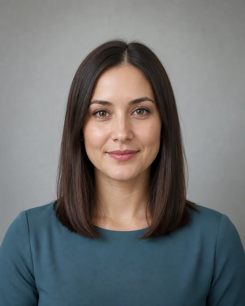 Woman with straight center-parted shoulder-length hair before face-shape hairstyle comparison