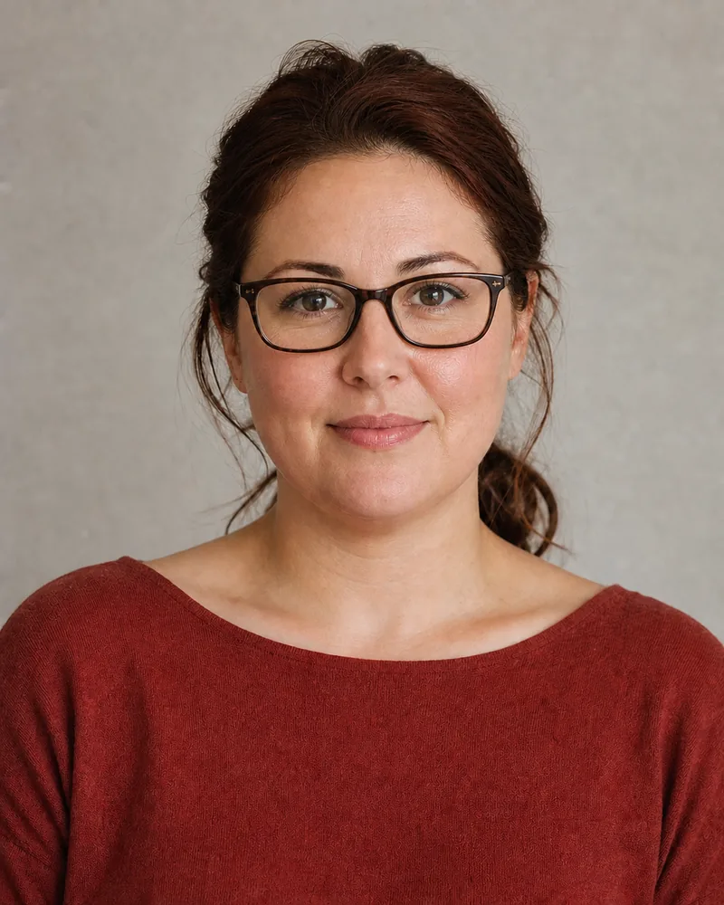 Same woman wearing softly rectangular dark tortoiseshell prescription glasses